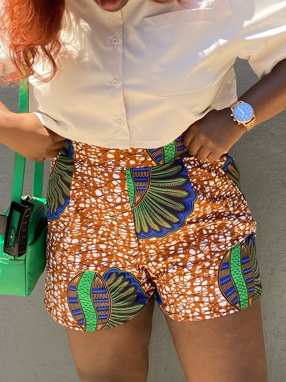 High Waist Print Shorts - Brown/Green/Blue